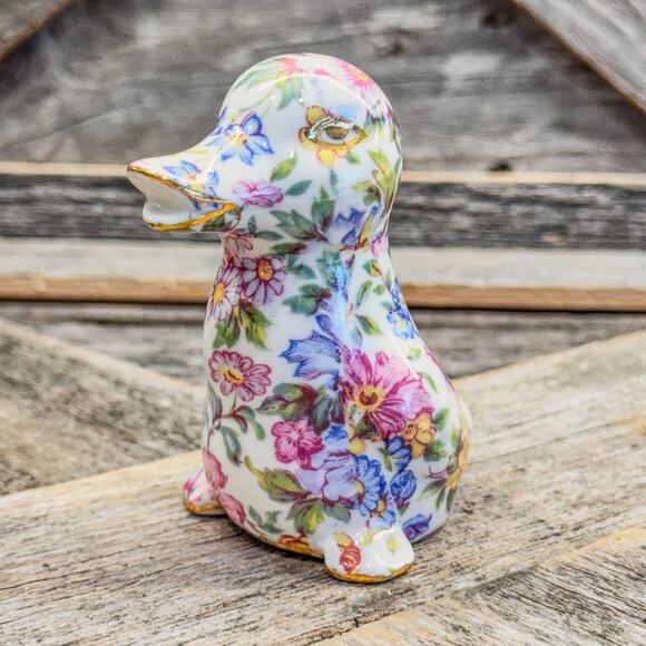 1980 Vintage Nantucket Chintz Porcelain Duck Figurine w/ Gold Accents, 3.5”H - Picture 1 of 10